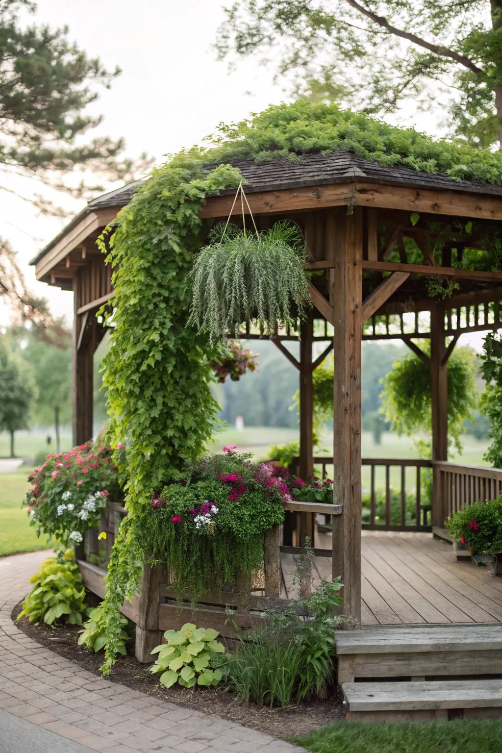 Hanging plants bring life and color to your pallet gazebo.
