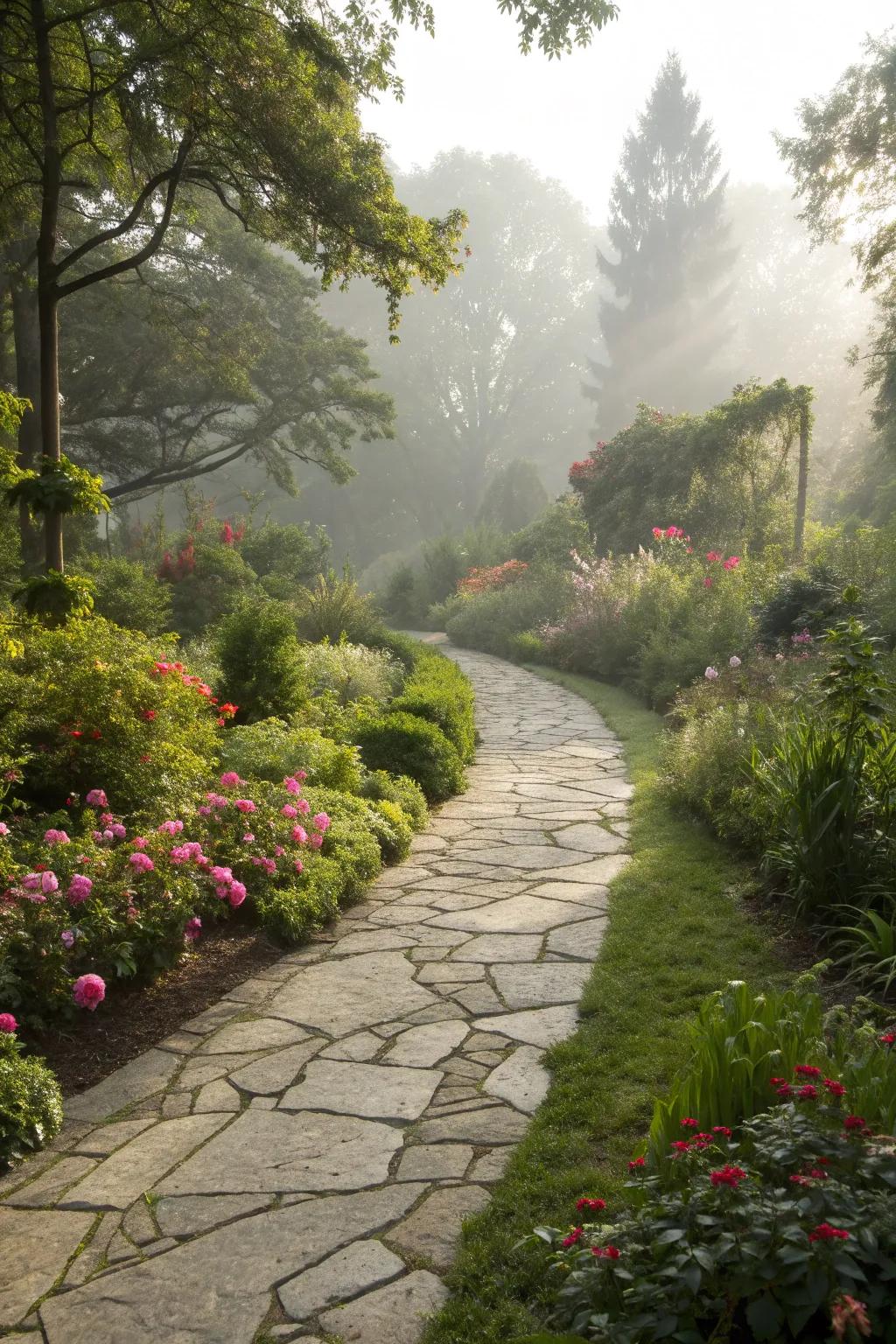 A charming stone pathway invites exploration and adds structure.