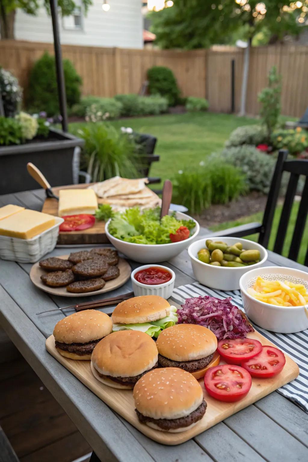 A build-your-own burger bar lets guests customize their meals.