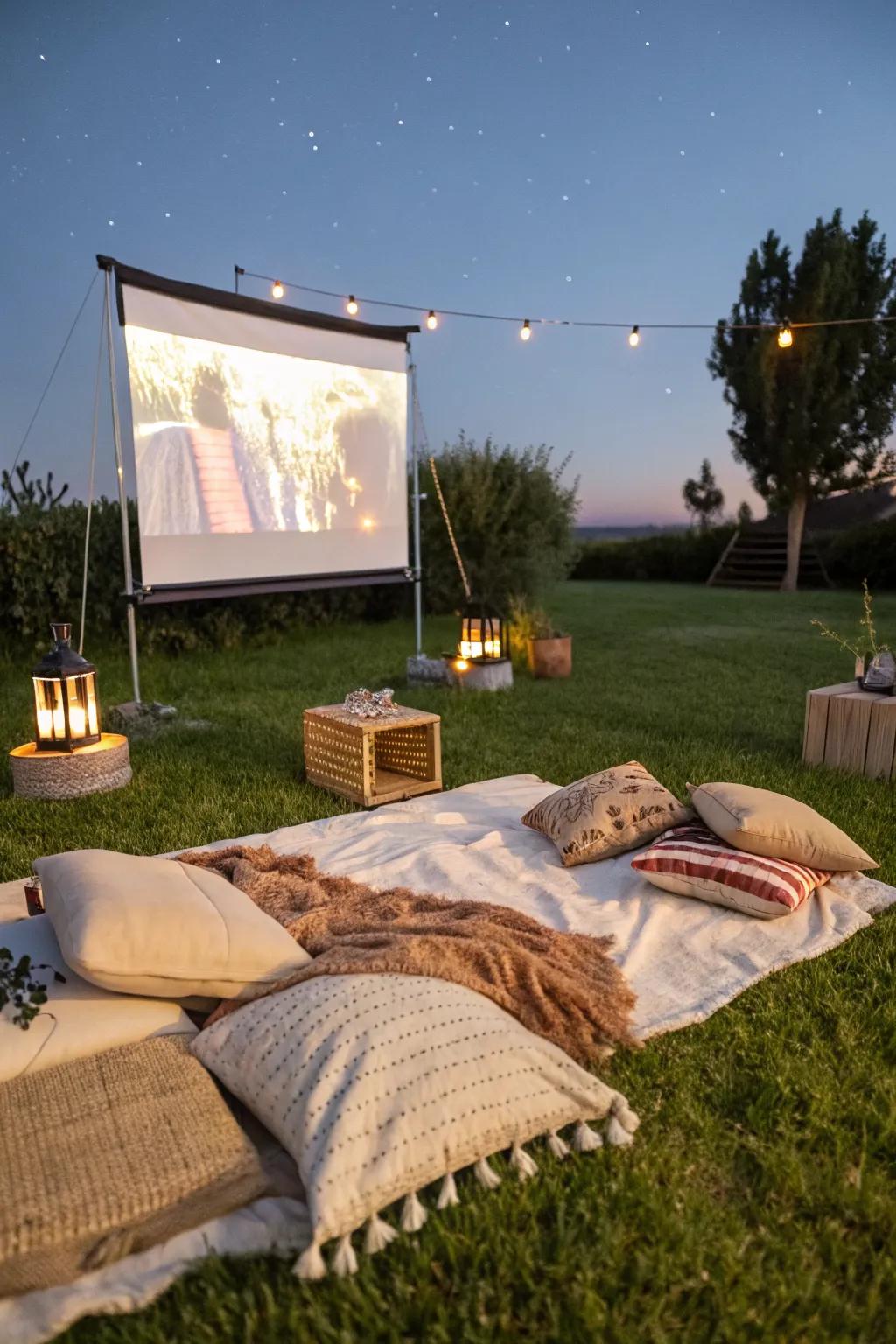Enjoy a movie under the stars with this cozy backyard setup.
