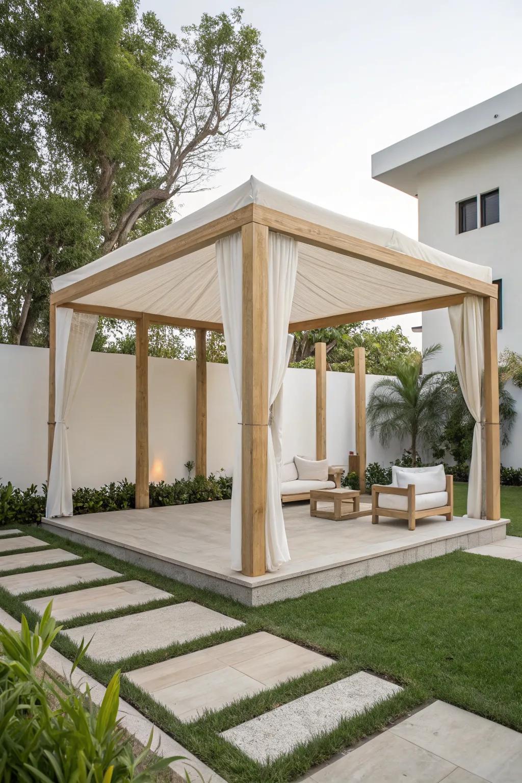A sleek, minimalist gazebo in a contemporary backyard.