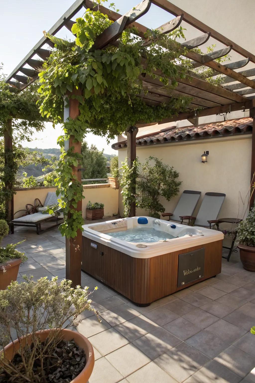 A chic pergola offers shade and style to a hot tub area.