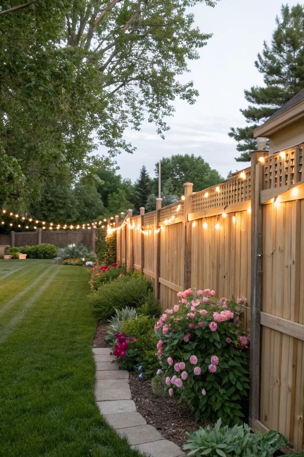 Adorn fences with lights for a welcoming touch.