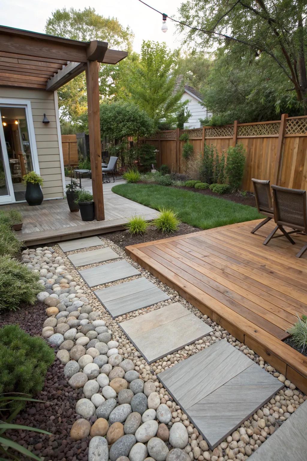 A creative blend of wood, stone, and pebbles in the backyard.