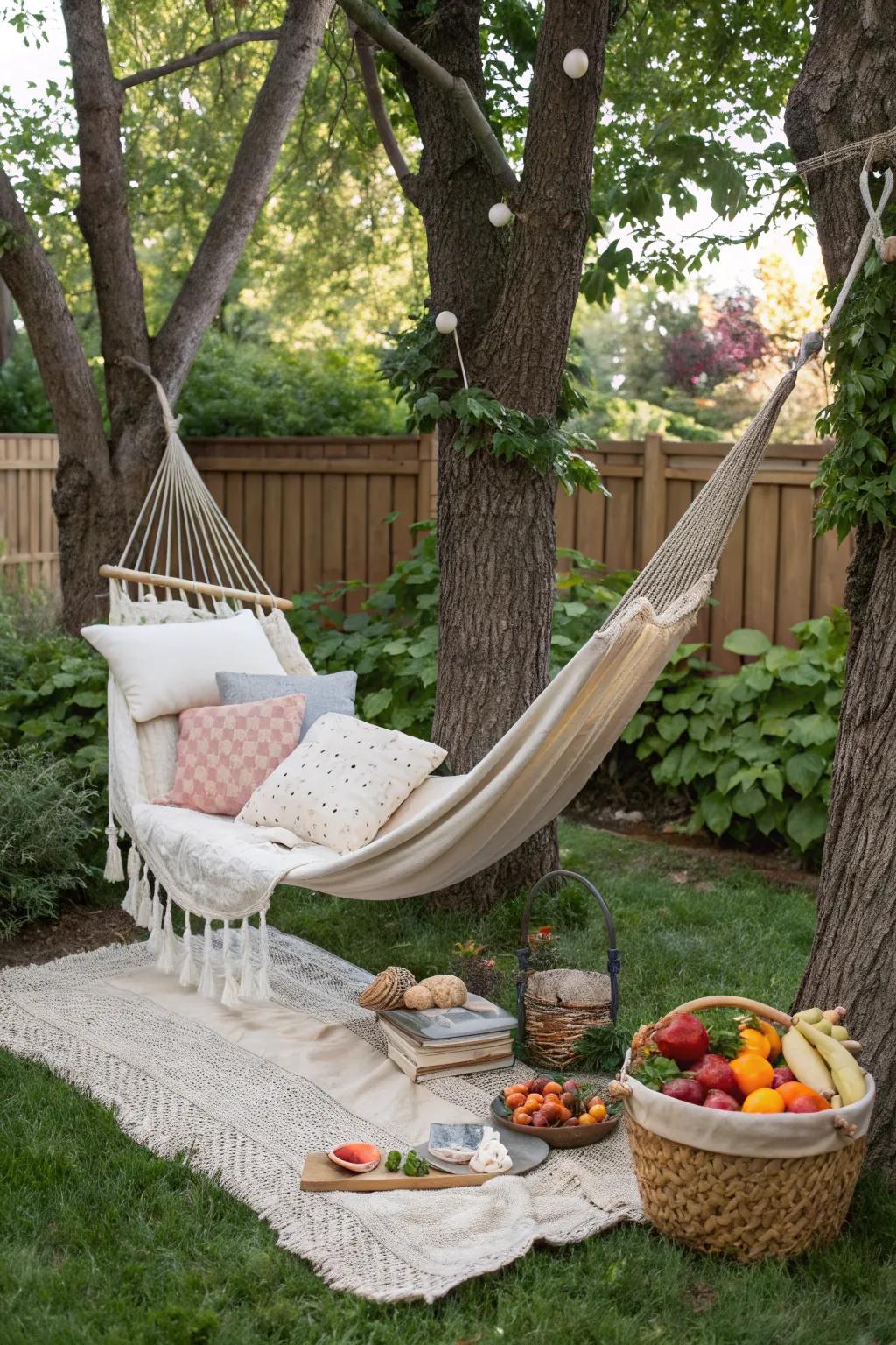 Relax in a hammock haven for the ultimate picnic comfort.