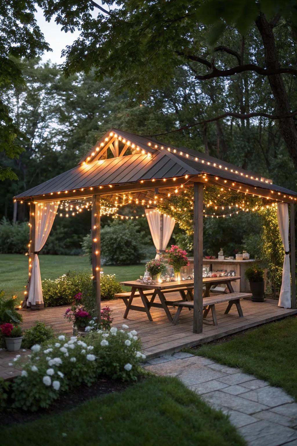 String lights create a magical atmosphere for your evening picnics.