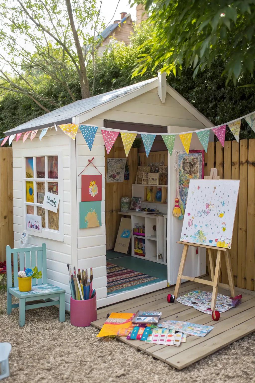 An art studio playhouse fosters creative expression.