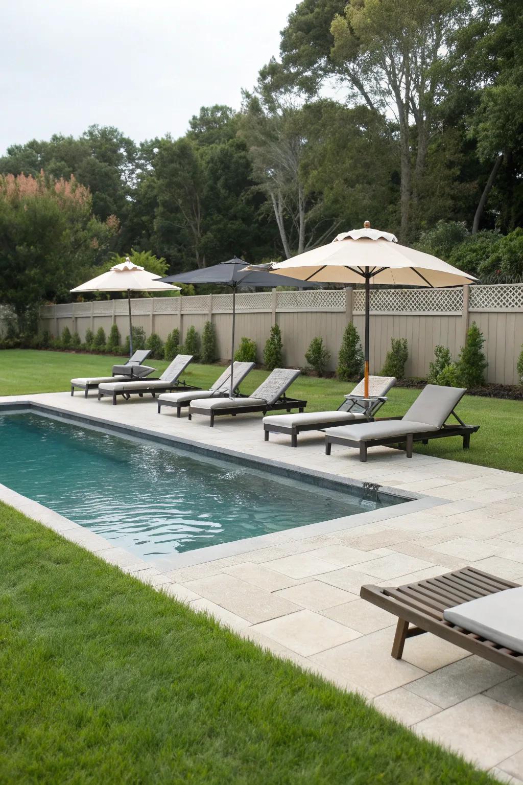 A cozy poolside area with plush loungers and umbrellas for relaxation.