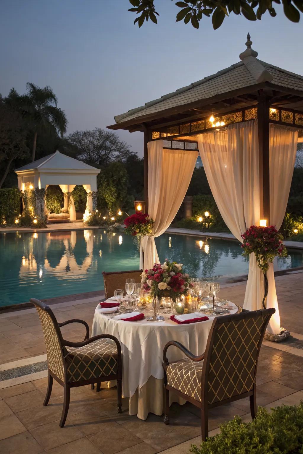 Dining by the pool with style and comfort.