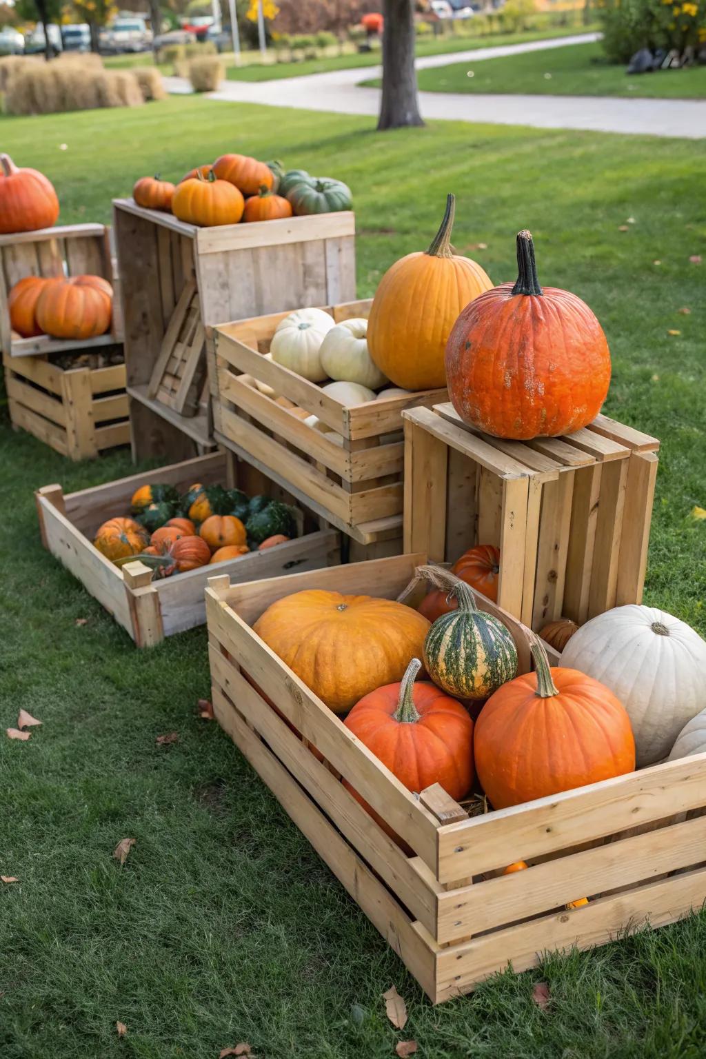 Wooden crates provide a versatile and stylish way to display pumpkins.