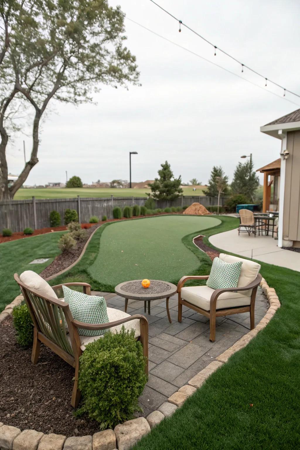 A seating area nearby enhances the putting green experience.