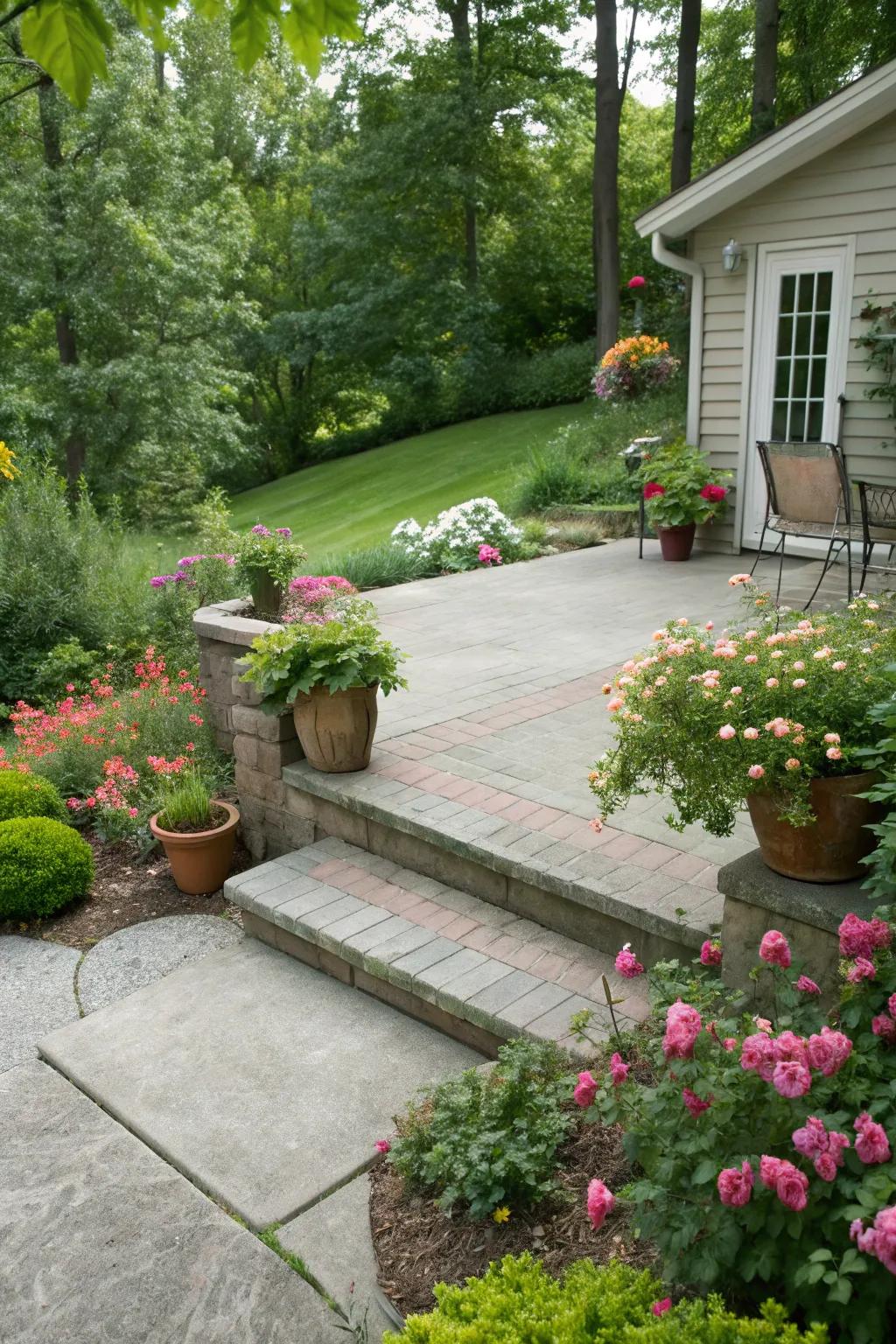 A vibrant mix of plants framing a concrete patio.