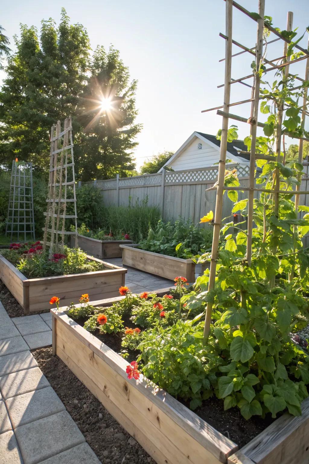 Trellised beds make efficient use of vertical space.