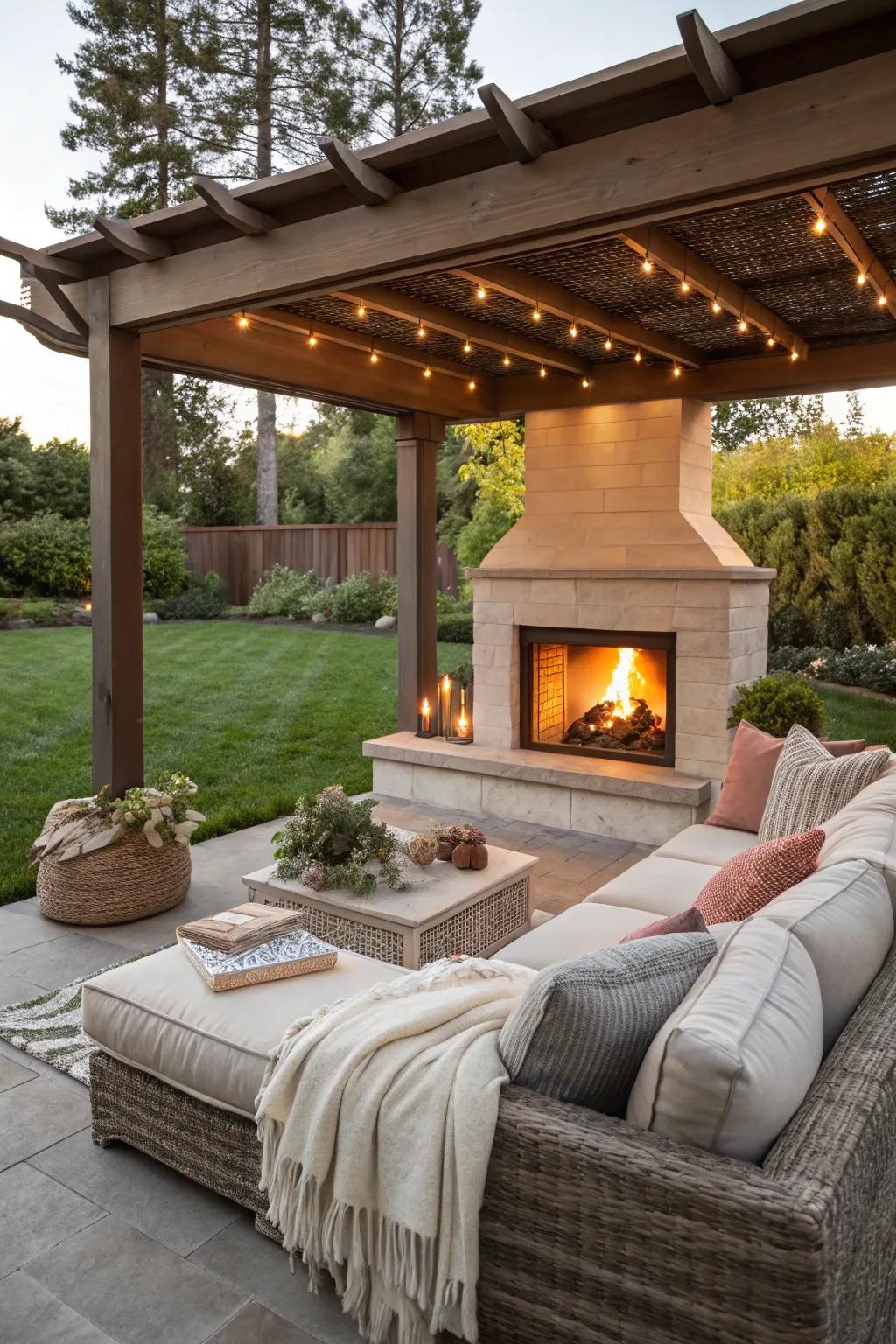 A cozy fireplace under a charming ramada.