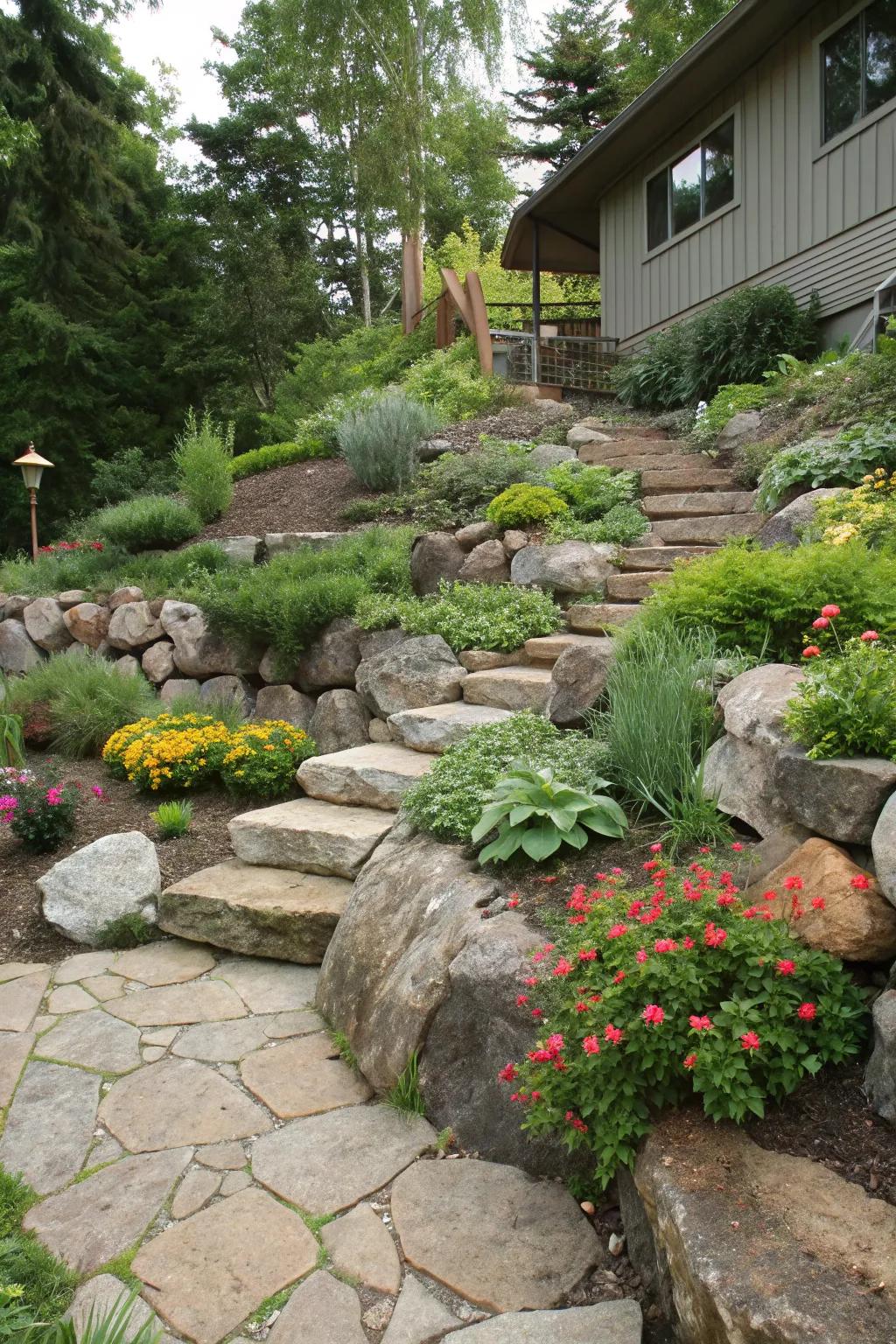 Enhance depth with layered rock terraces.