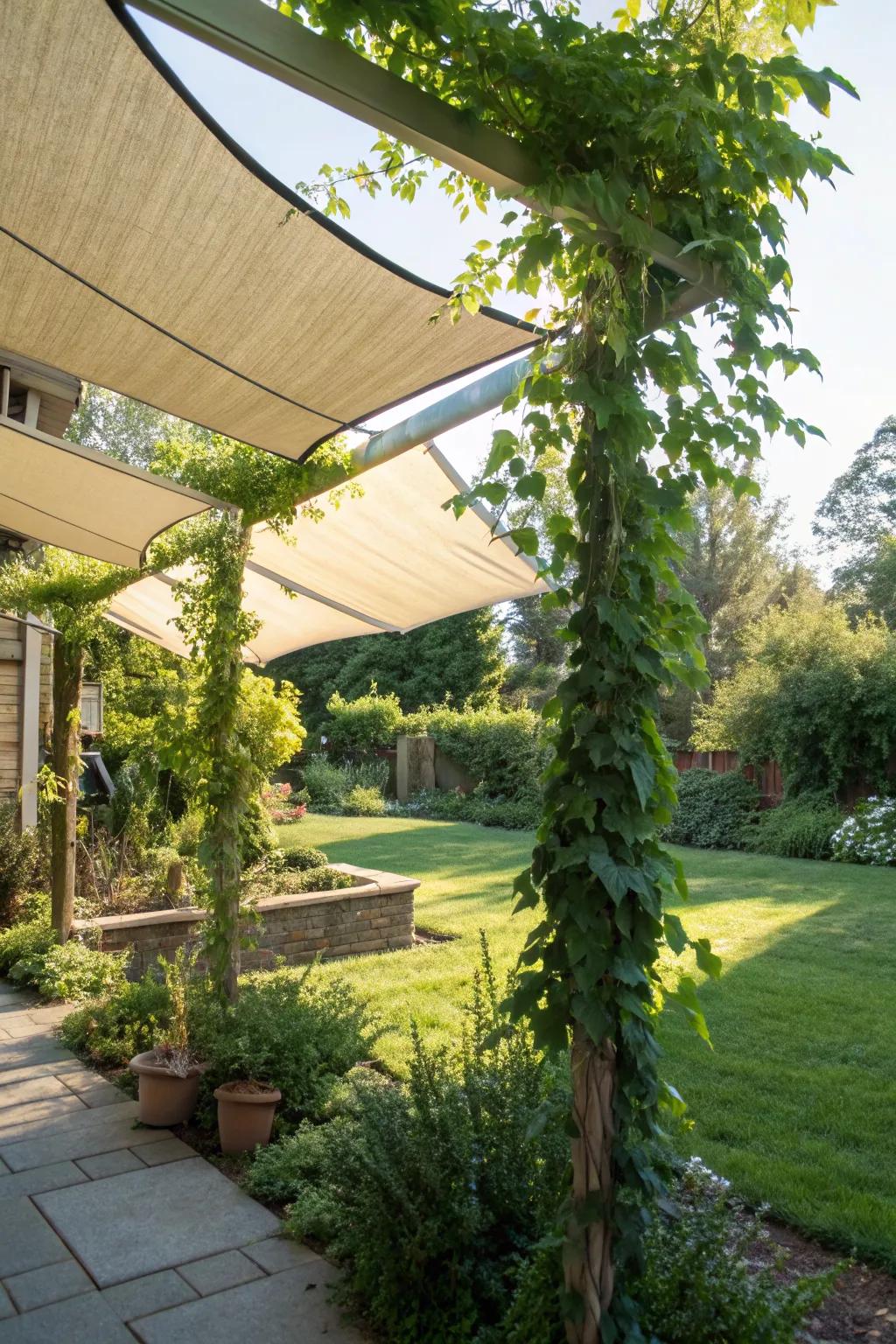 Sail shades beautifully integrated with climbing plants creating a green haven.