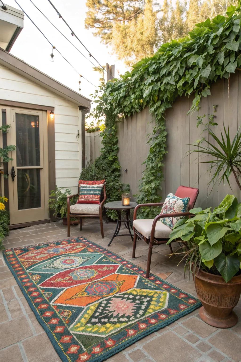 Define your patio space with a vibrant outdoor rug.