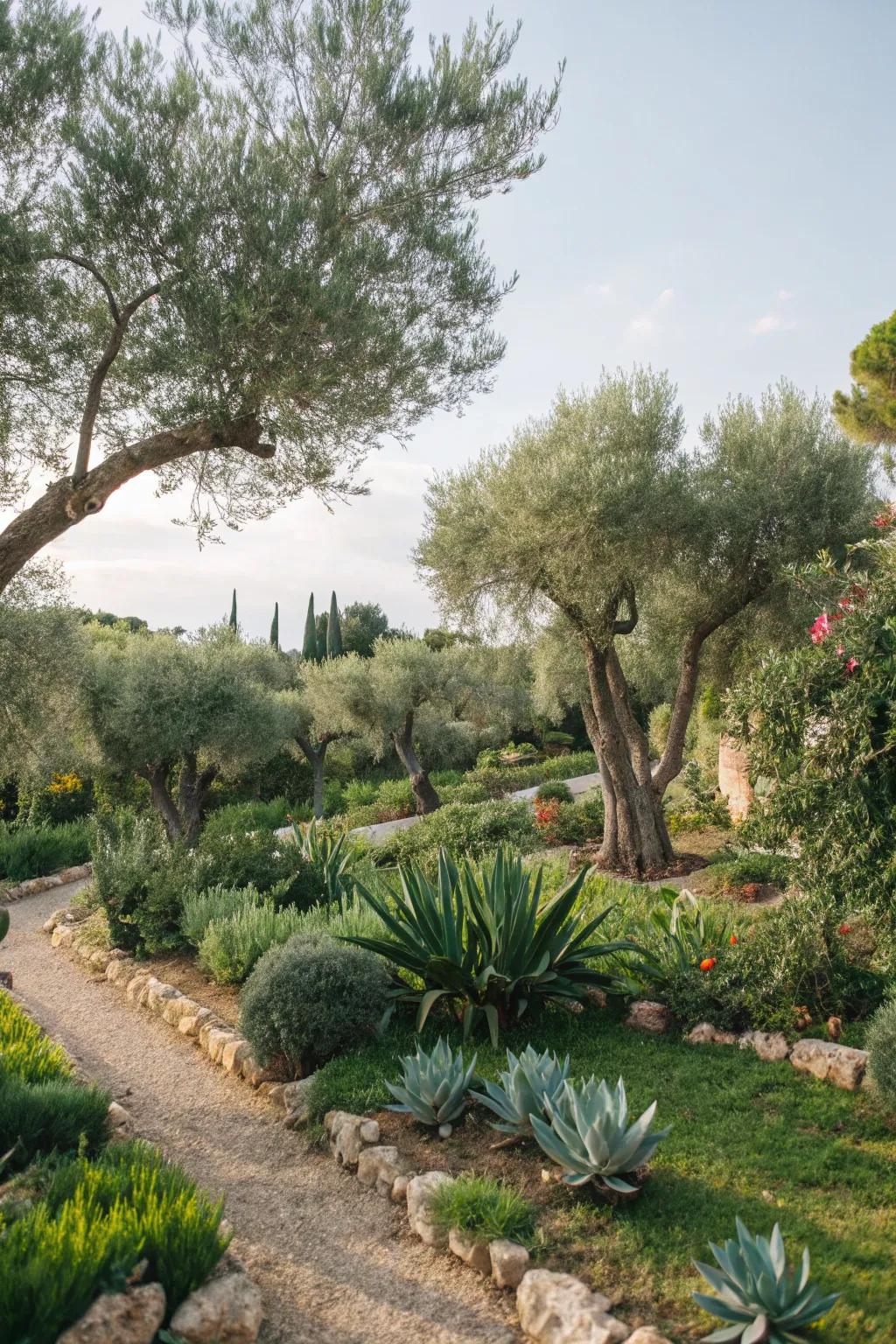 Mediterranean plants create a lush, exotic atmosphere.