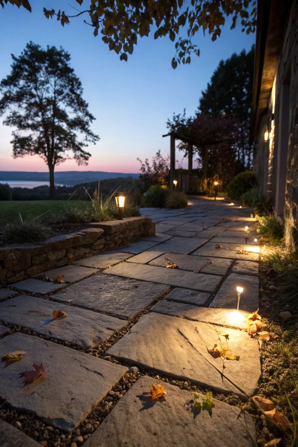Ambient lighting turns this stone patio into a nighttime retreat.