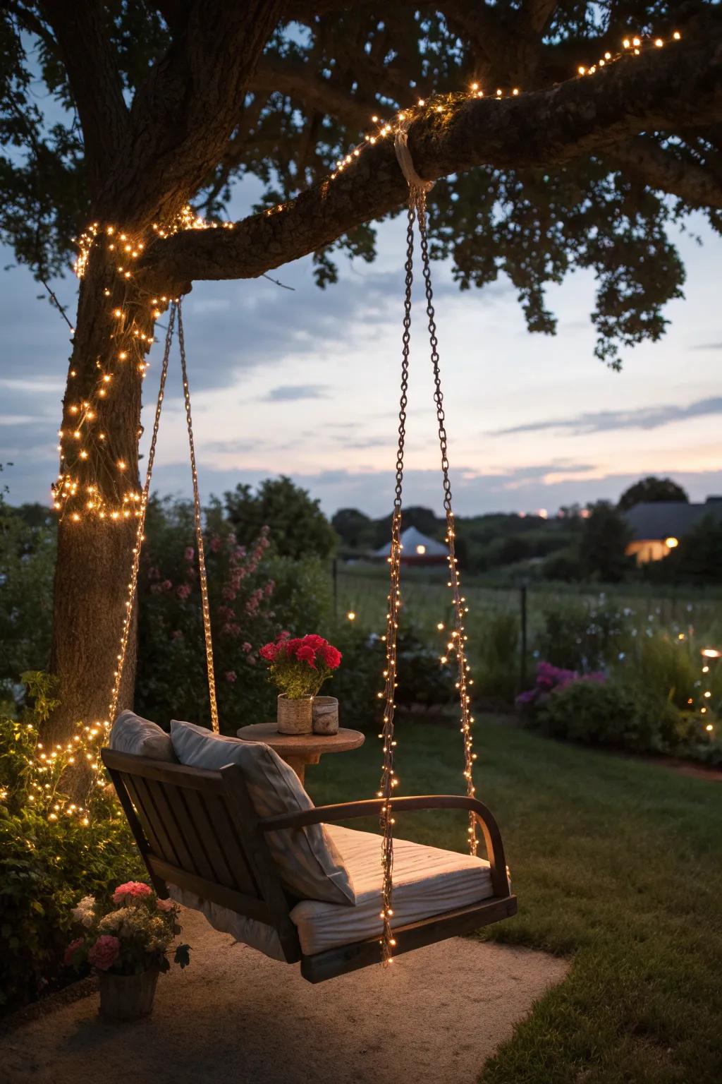 A swing transformed by the warm glow of decorative lighting.