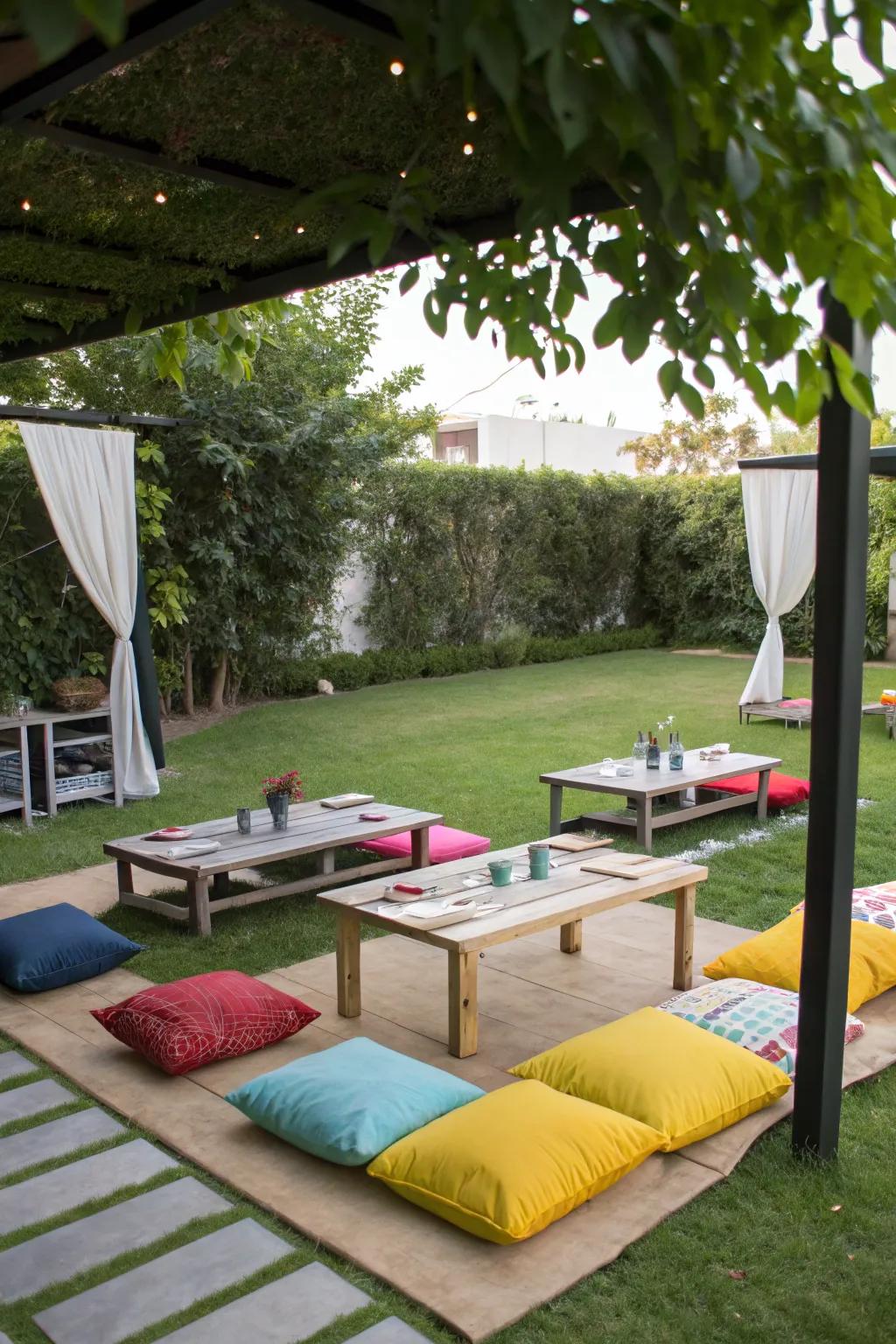 Relaxed seating with picnic-style tables and comfy cushions