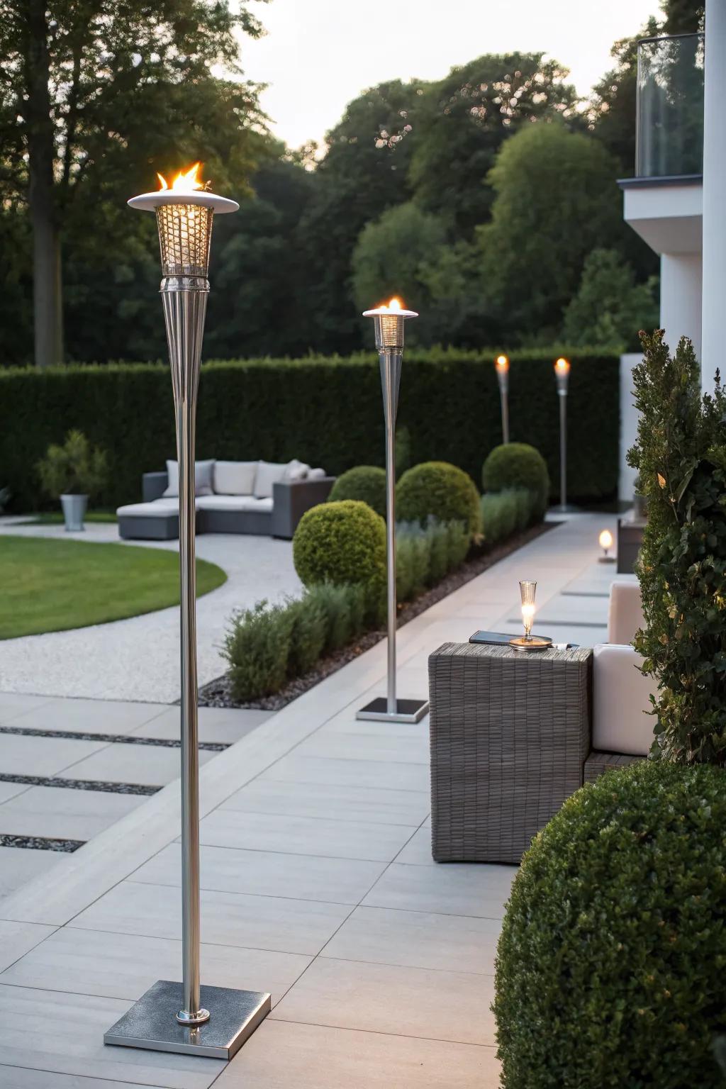 Modern metal torches offer a stylish and sturdy lighting solution.