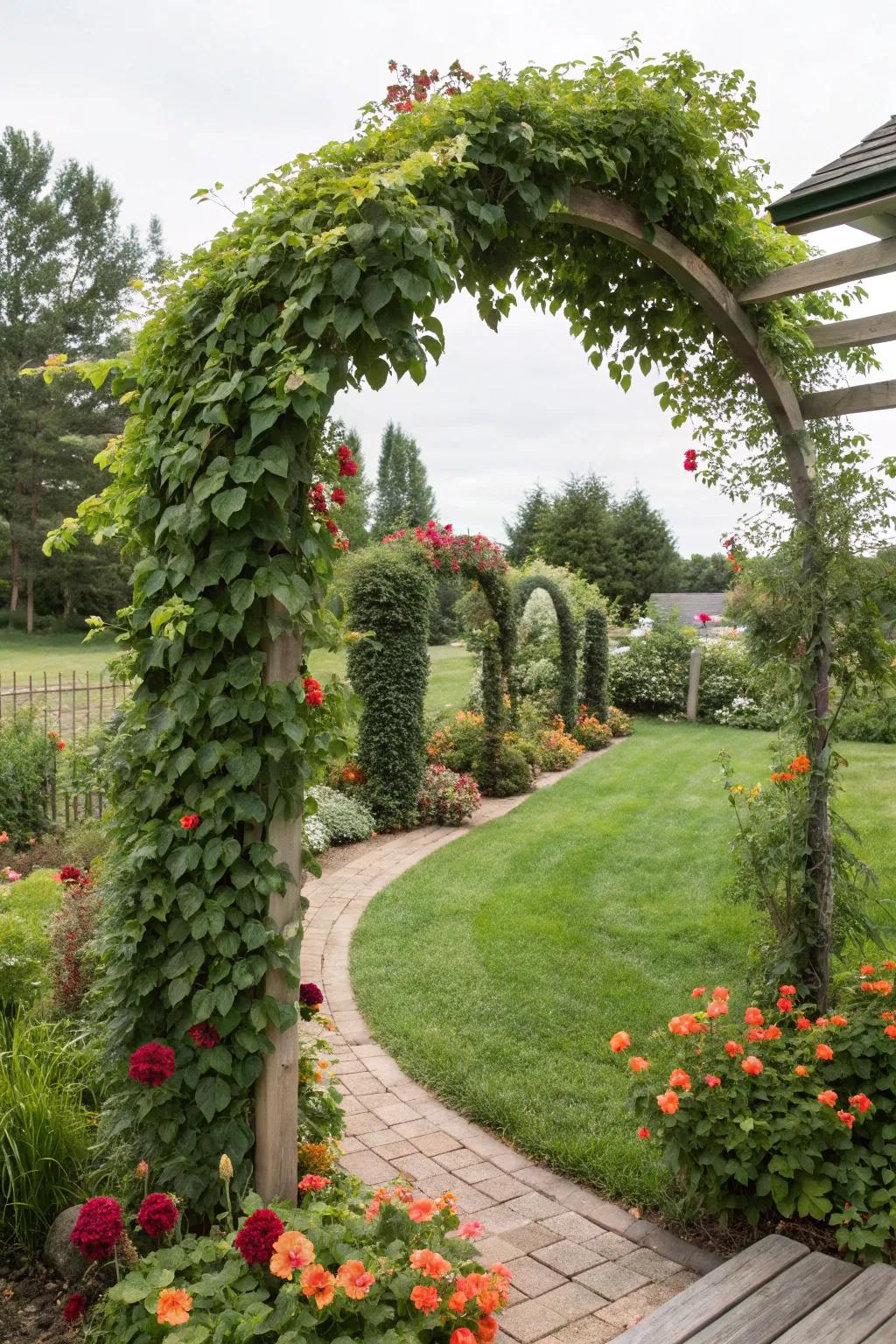 Charming garden arches create a whimsical backdrop for climbing vegetables.