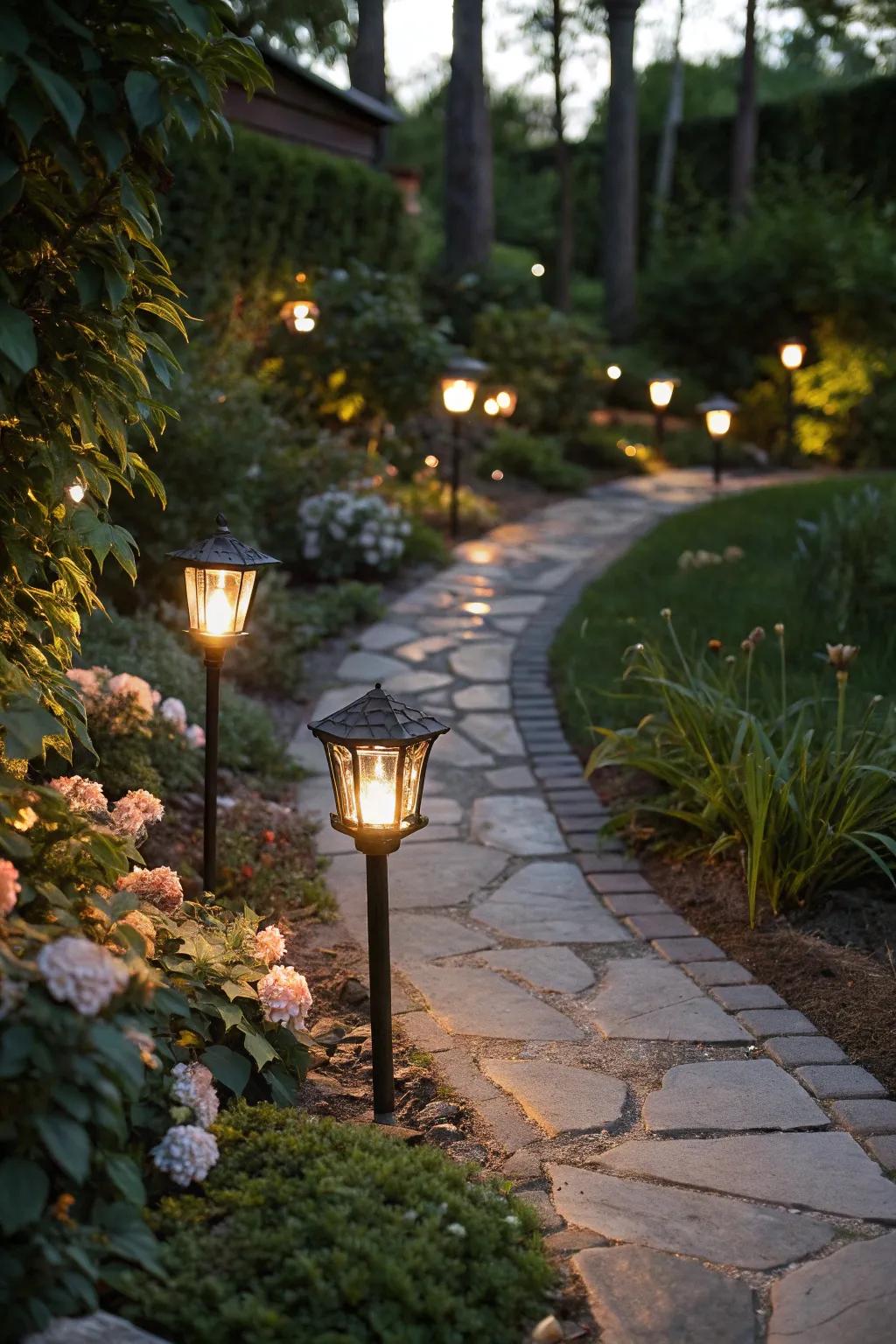 Solar pathway lights provide both safety and aesthetic appeal without the need for wires.