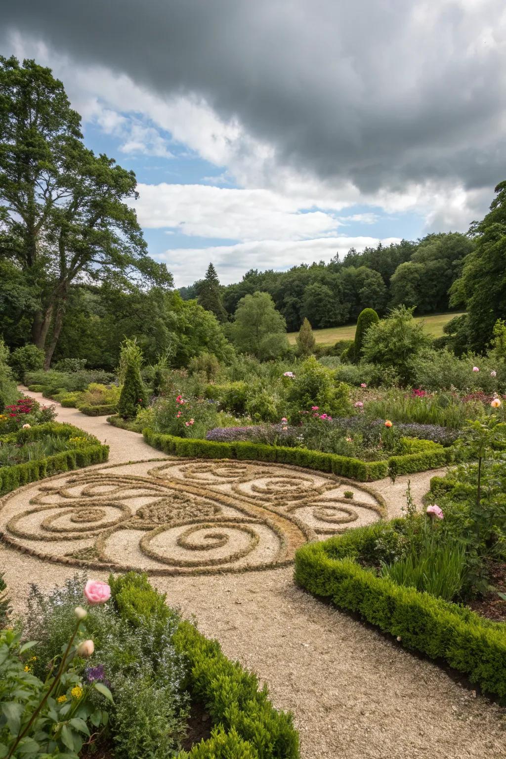 Artistic wood chip patterns adding visual interest to the garden.