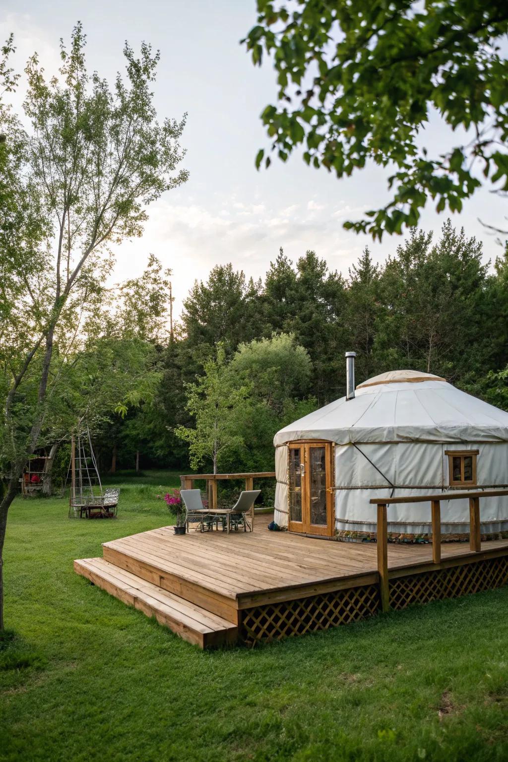 A yurt elevated on a stylish wooden platform.