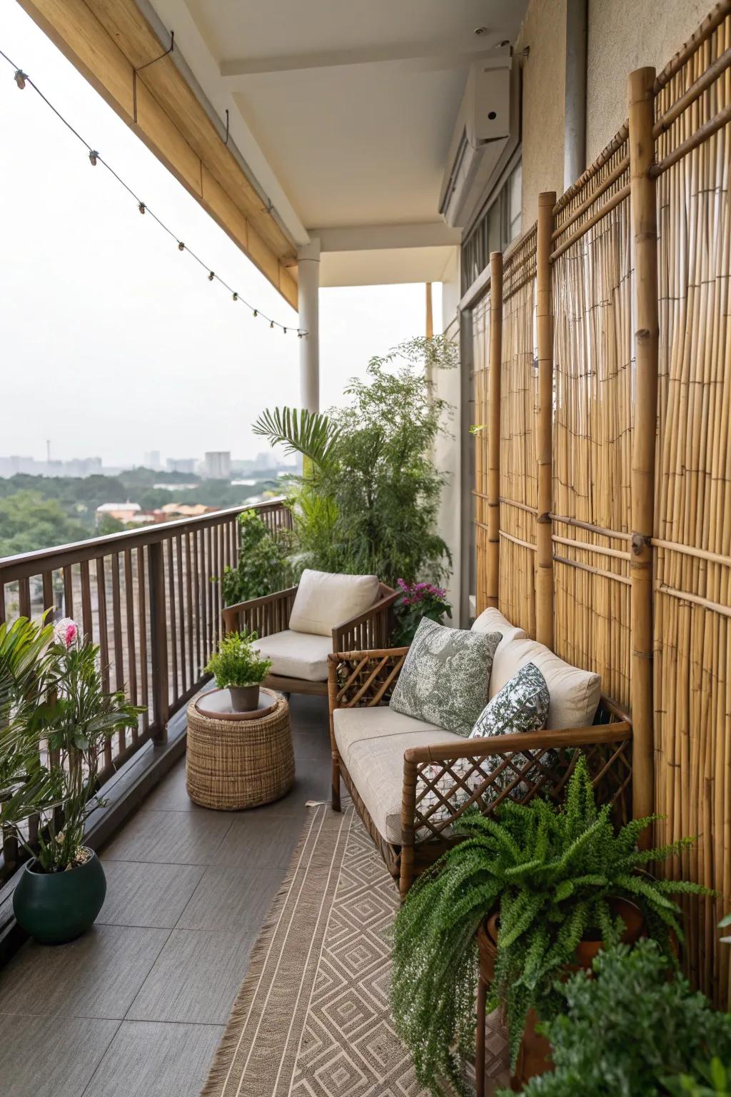 Bamboo screens provide privacy and a touch of nature.