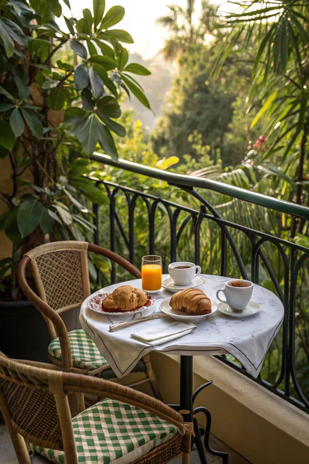 Dine in style with a charming balcony setup.