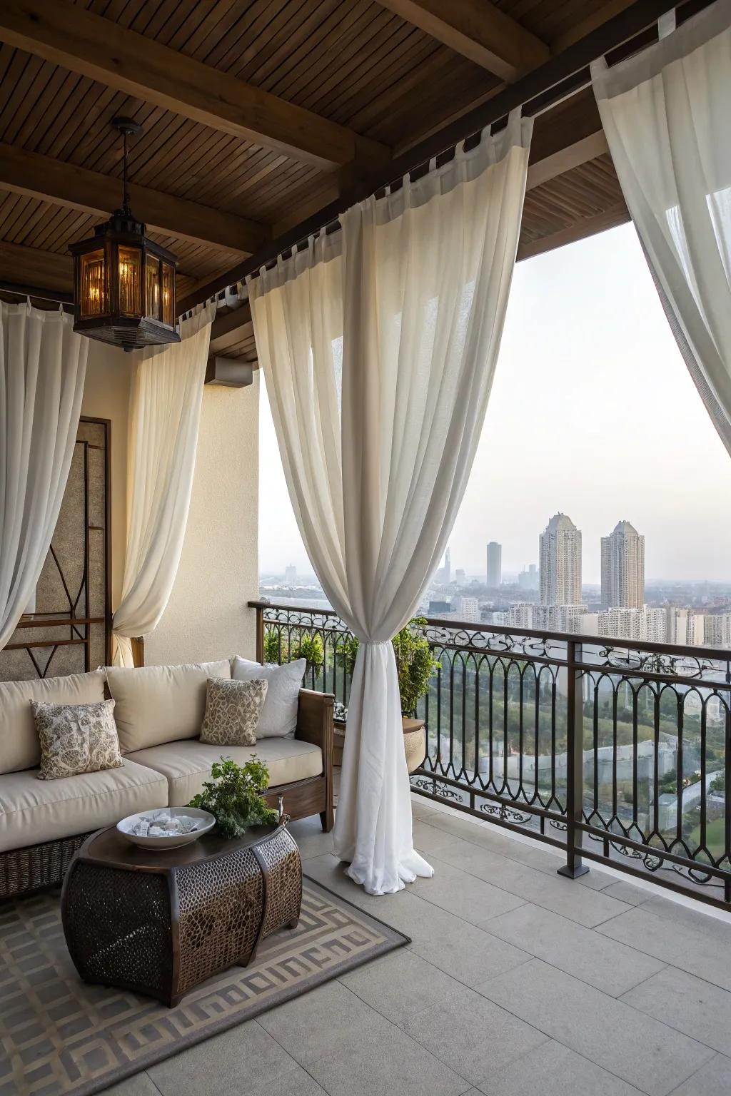 Balcony with elegant weatherproof curtains framing a chic seating area.