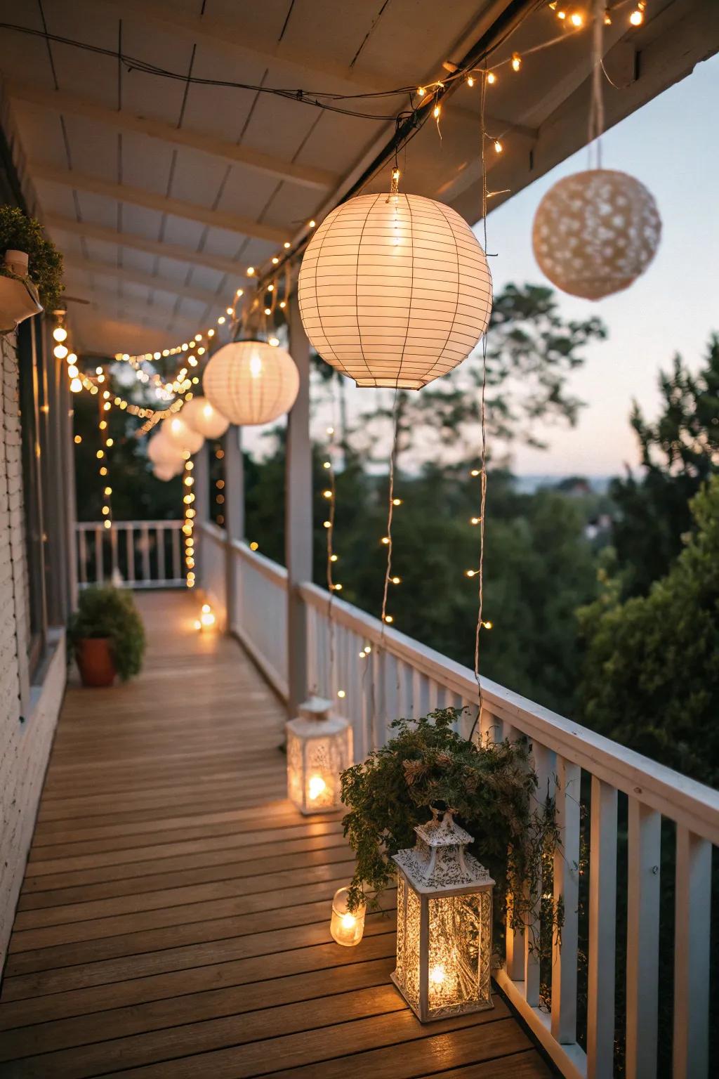 A balcony glowing with lanterns and lights for a cozy evening.