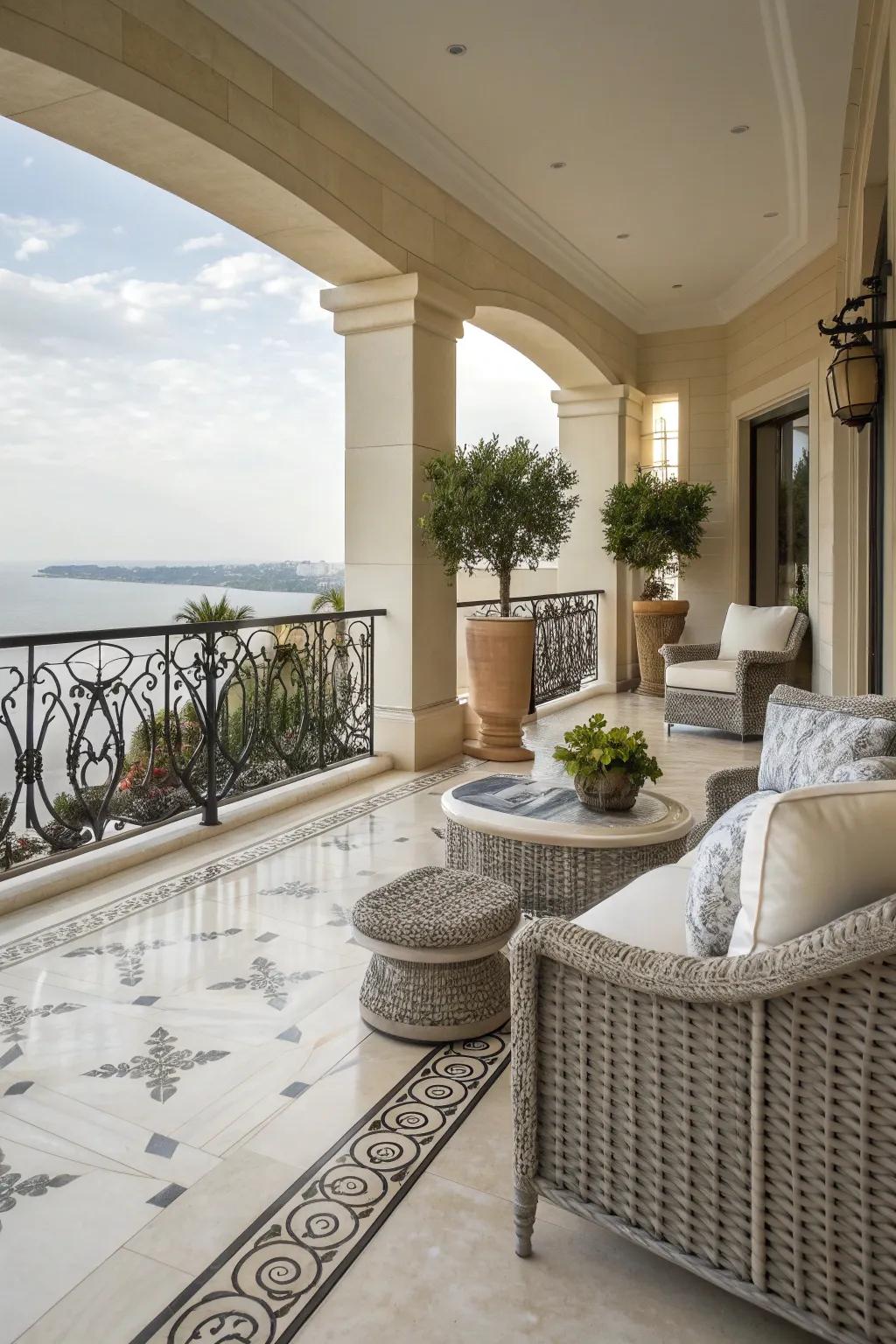 Marble tiles add a luxurious and sophisticated touch to your balcony.