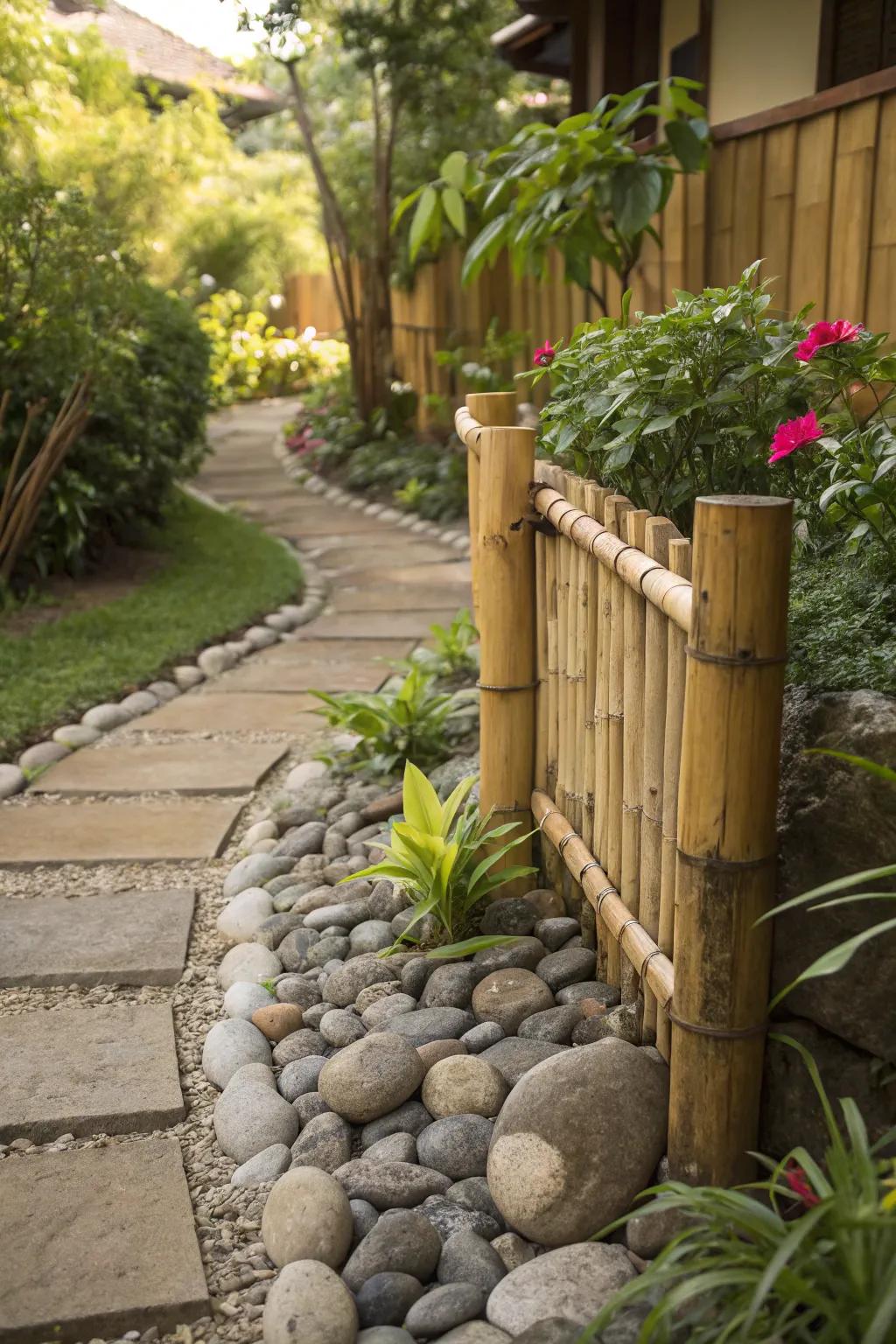 Rustic bamboo and stone garden edge.
