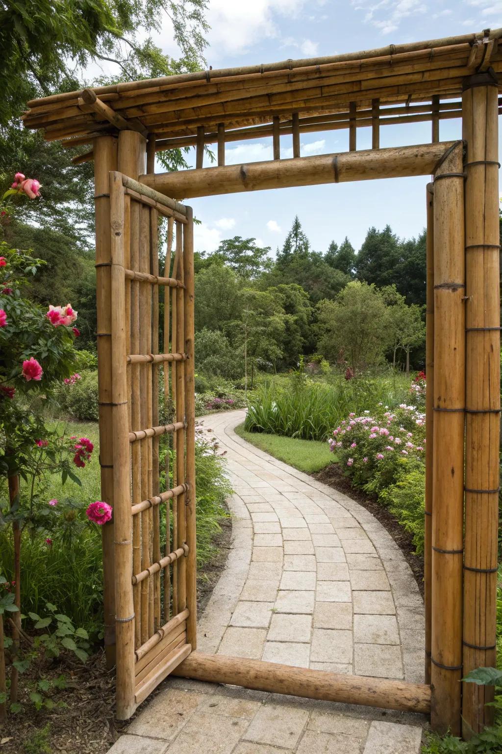 A mysterious bamboo cage gate offering a peek into a secret garden.