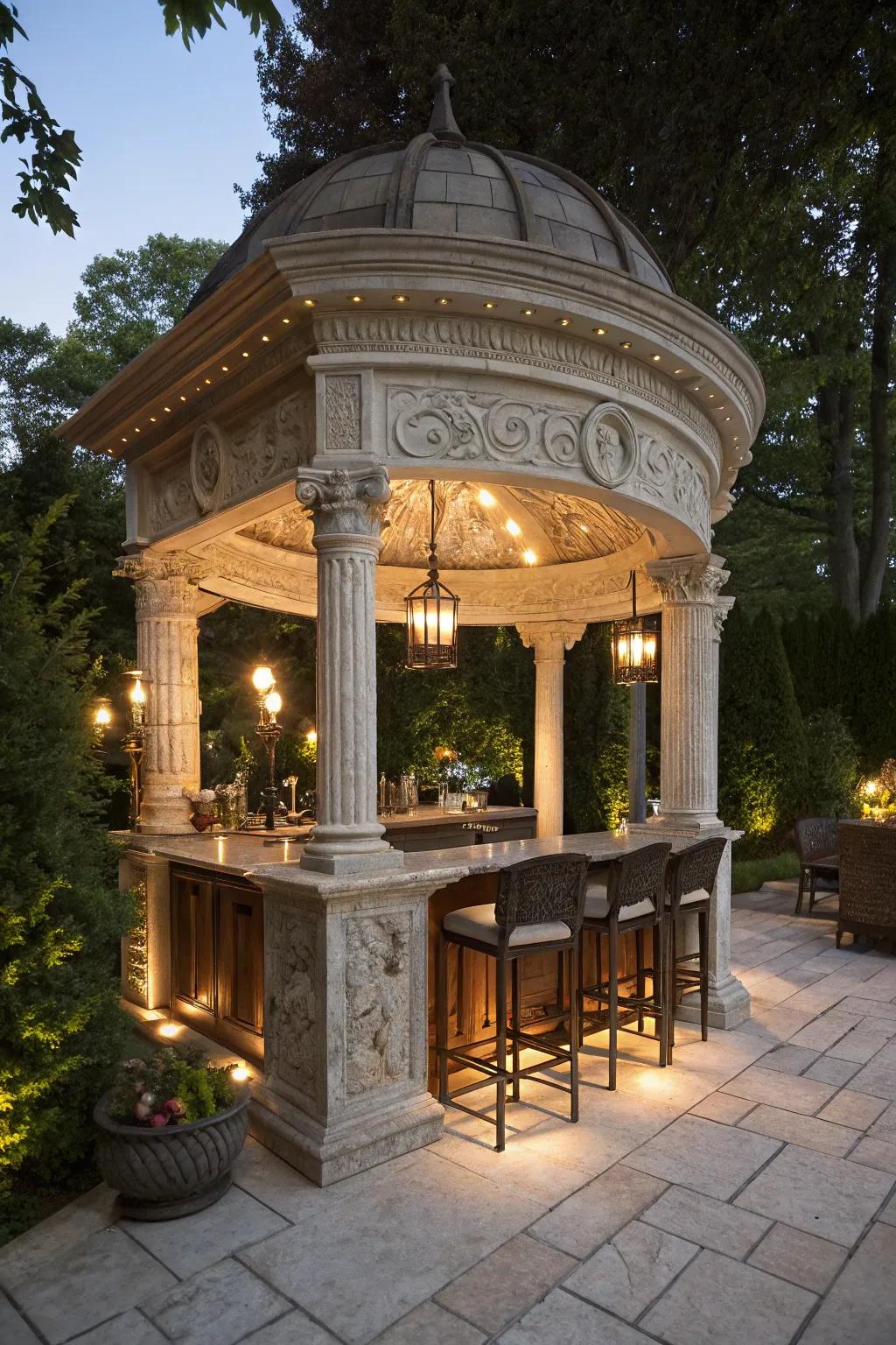 A stone bar gazebo that exudes elegance and luxury.
