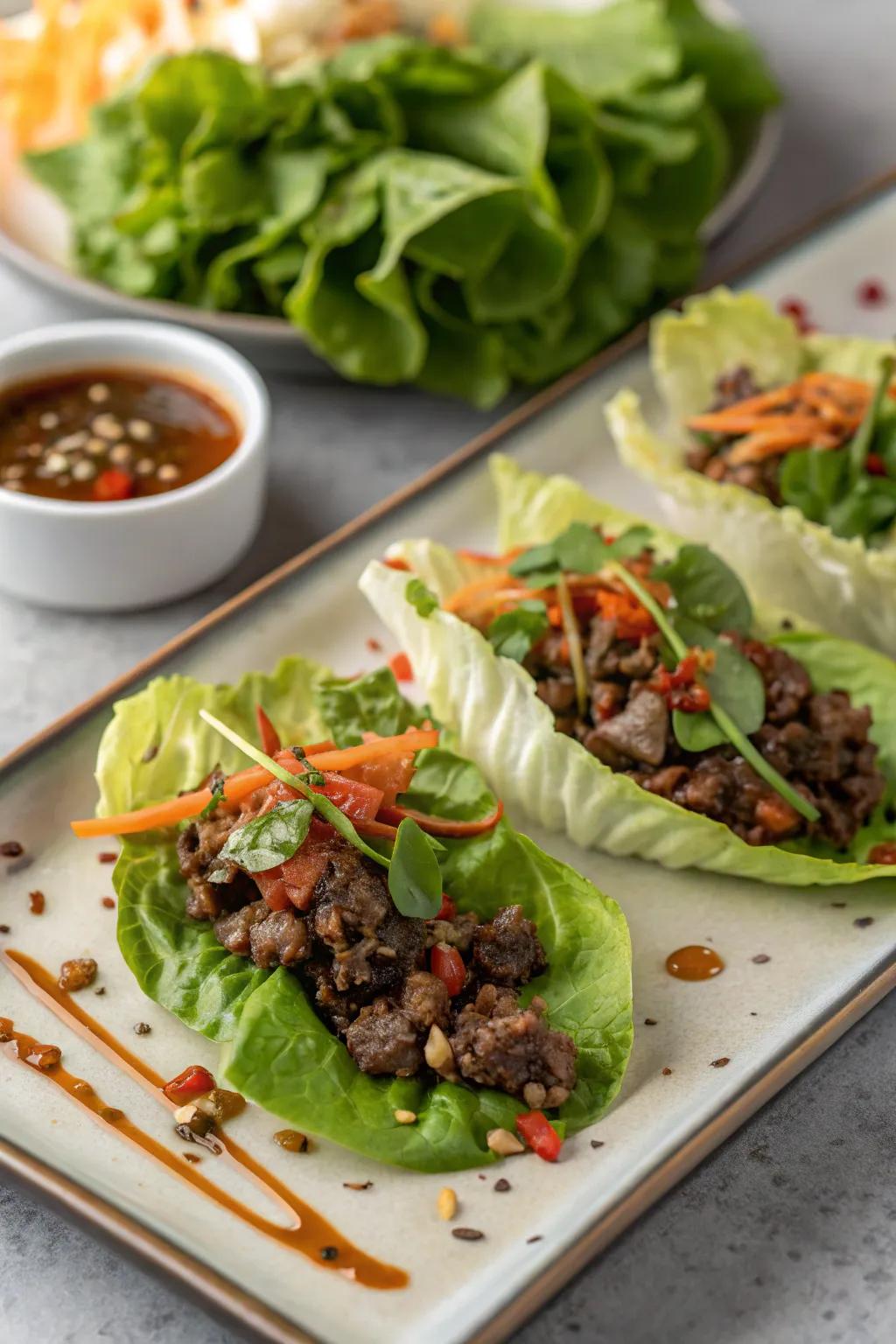Refreshing beef lettuce wraps, perfect for a light and tasty snack.