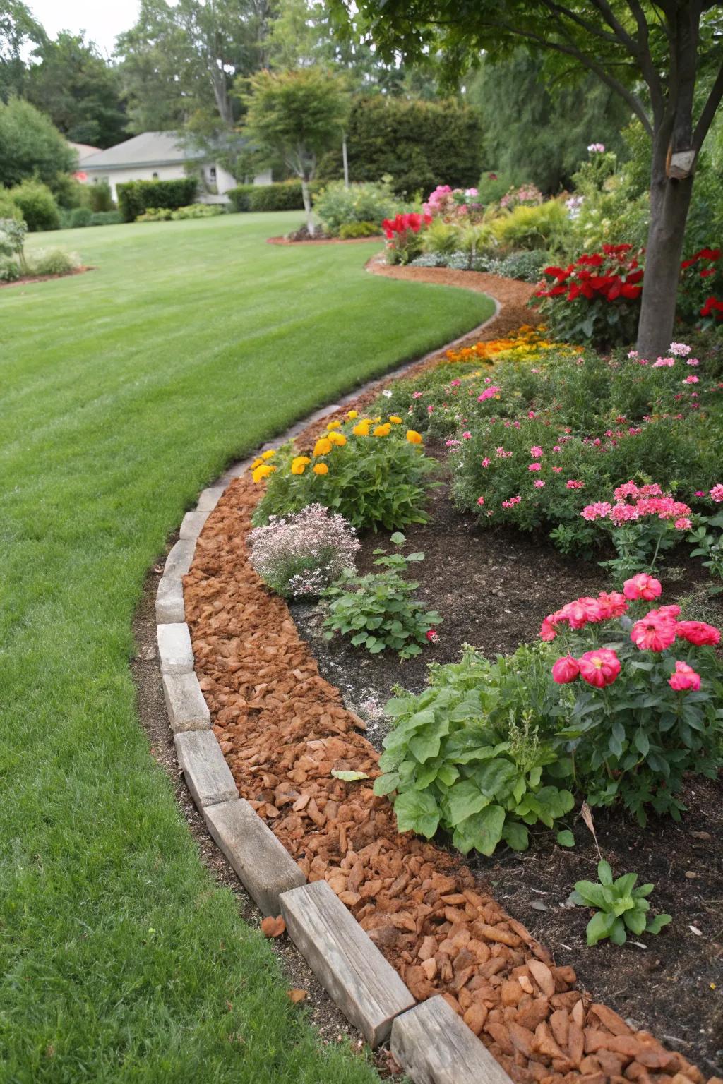 Define your garden spaces with bark borders.