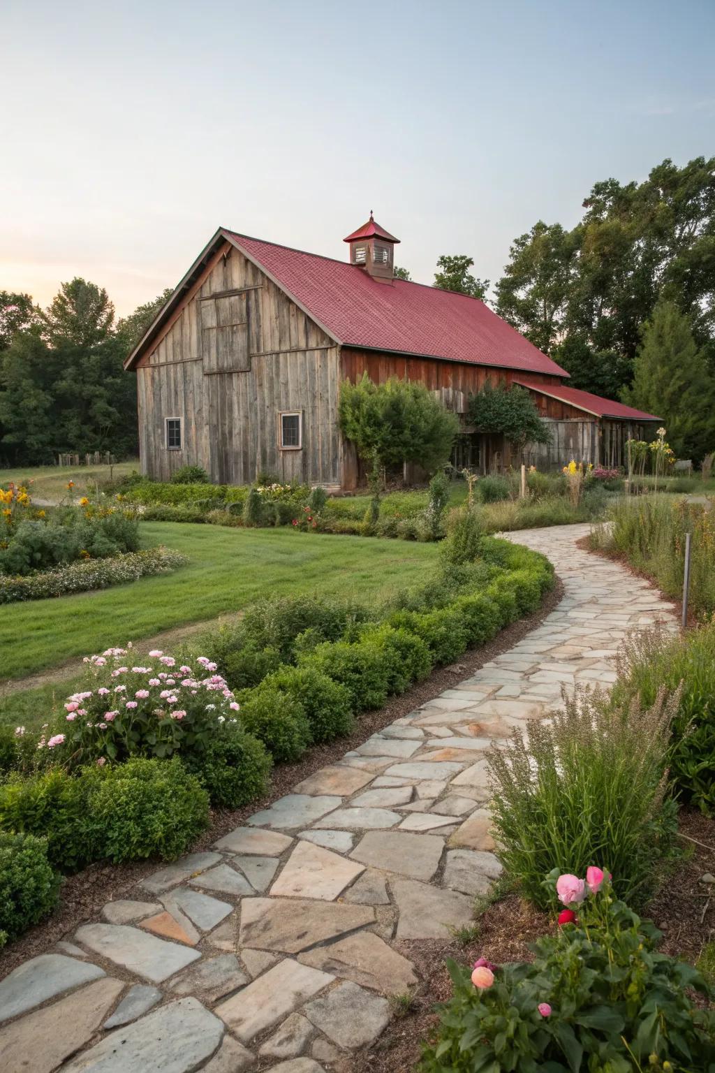 A barn enhanced by lush landscaping and a charming walkway.
