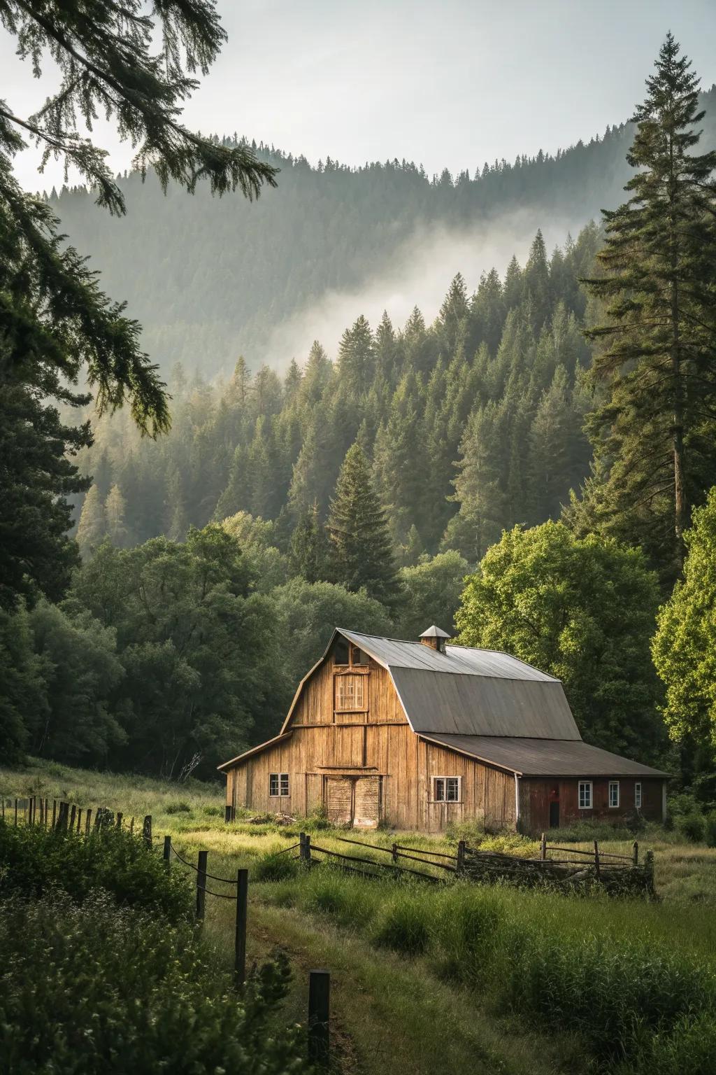 A barn painted in earth tones, nestled quietly within a dense forest.