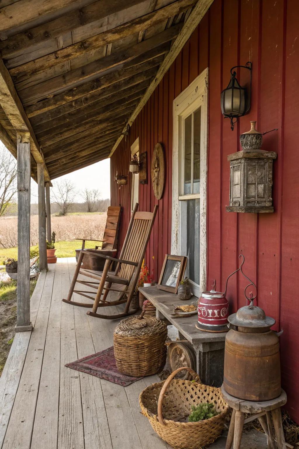 Barn porch featuring vintage decor items like lanterns and signs for added charm.