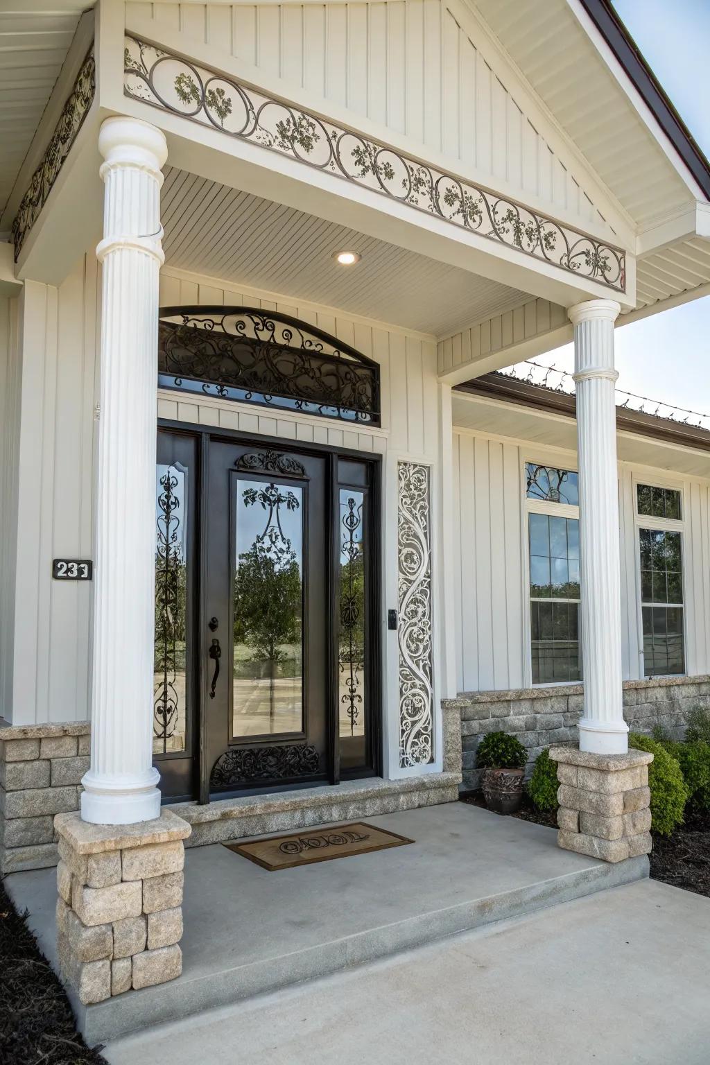 Elegant door framed with decorative trim and columns.