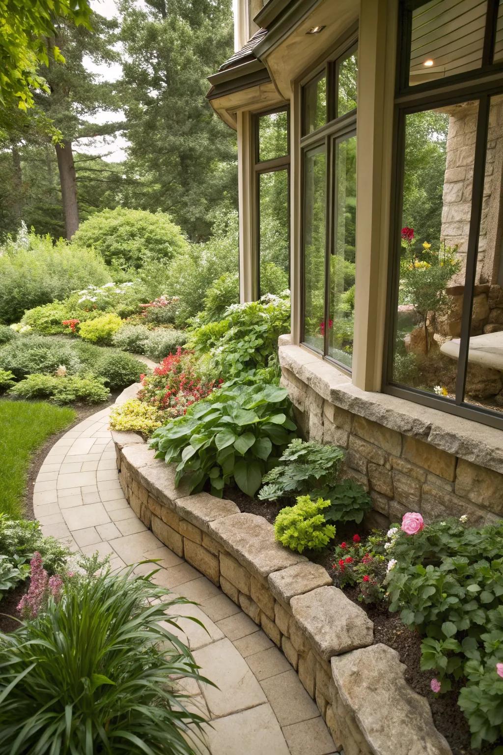 Stone borders offer clean and structured charm to bay window gardens.