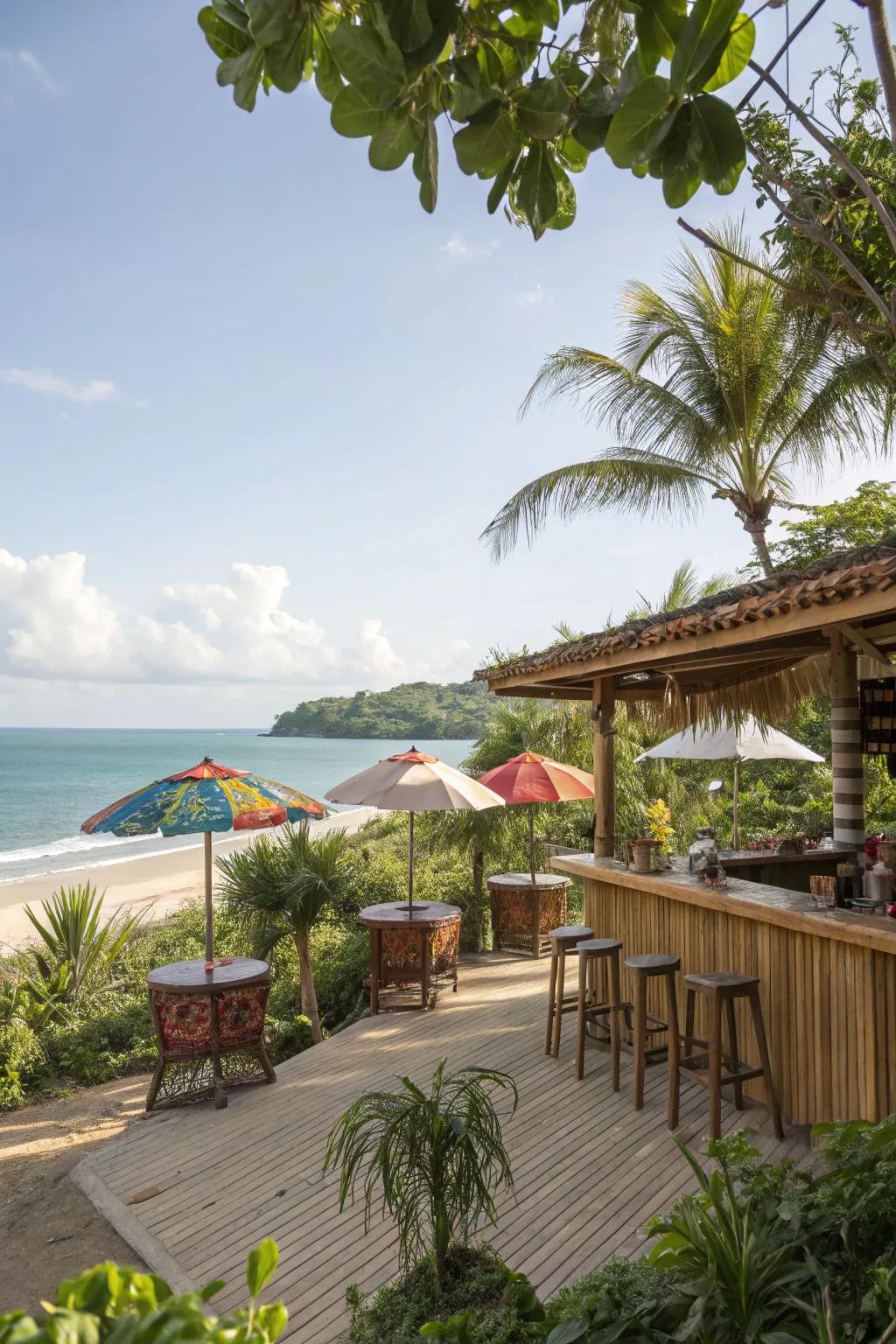 An open-air beach bar inviting in the sea breeze and views.