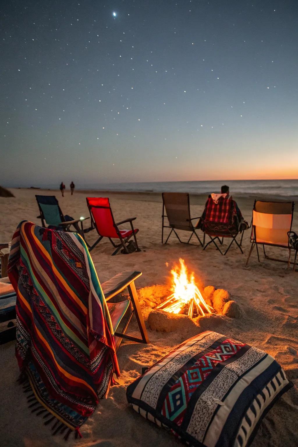 Comfortable seating for a relaxed beach bonfire evening.
