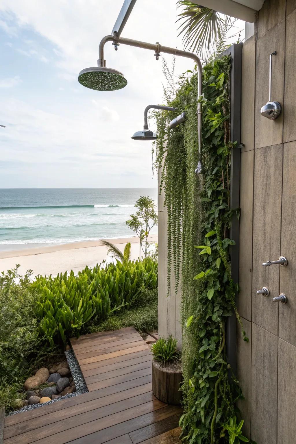 Smart design turns a small space into a charming outdoor shower.