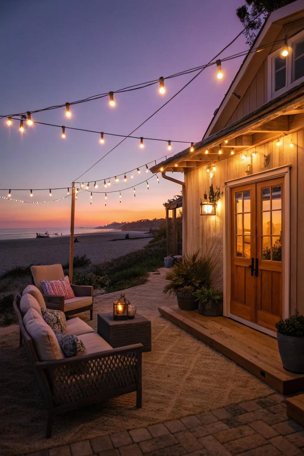 A beach house patio aglow with the warm charm of string lights.