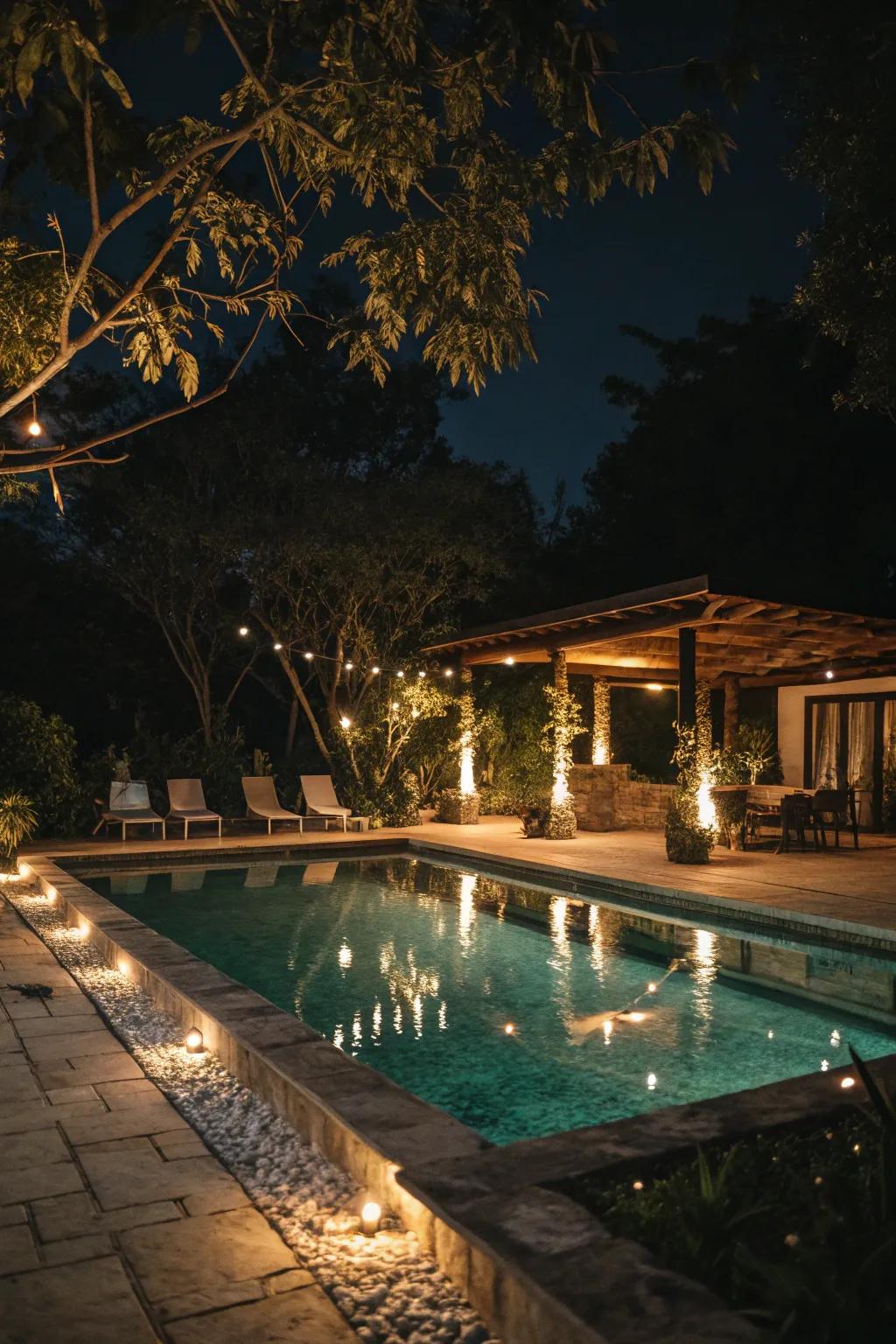 Soft lighting transforms this pool area into a nighttime oasis